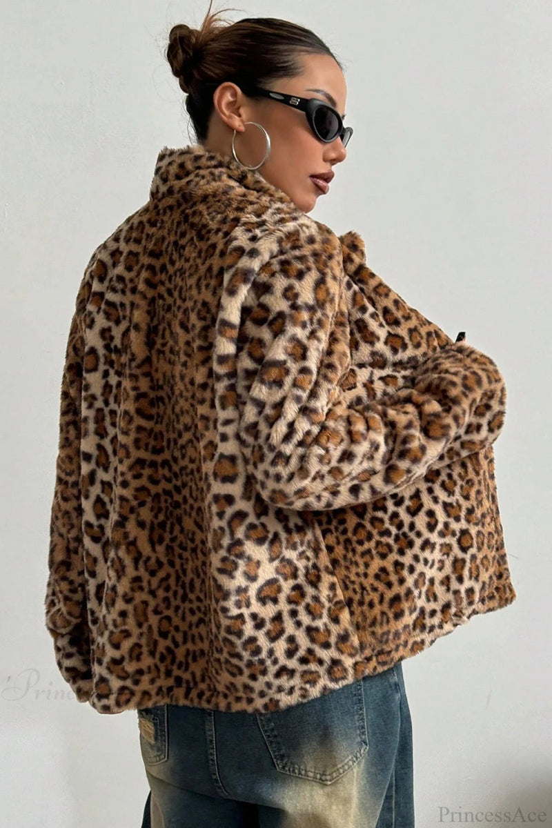 Buttoned Turn-down Collar Thickened Leopard Coat