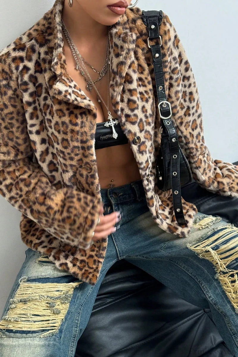 Buttoned Turn-down Collar Thickened Leopard Coat