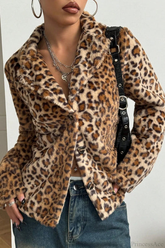 Buttoned Turn-down Collar Thickened Leopard Coat