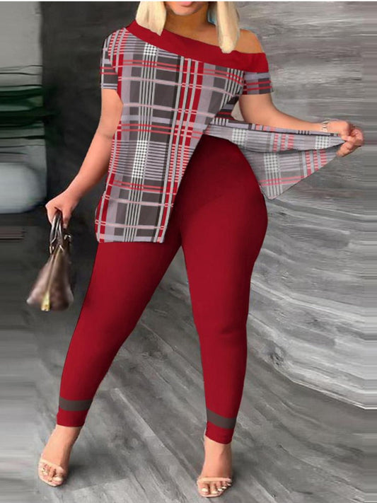 Geometric Print Striped Split Pants Set At8061