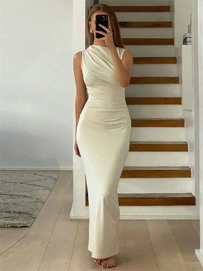 Pleated Long Sleeved Slim Maxi Dress – Off-shoulder Bodycon Gown
