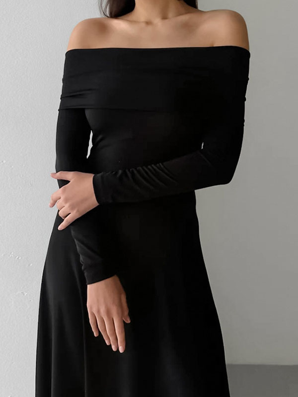 High Waisted Long Sleeves Color Off-the-shoulder Maxi Dresses