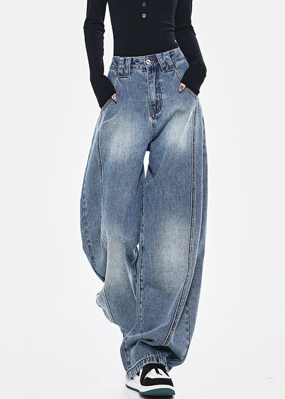 Pants Pockets High Spring Blue Patchwork Waist Denim