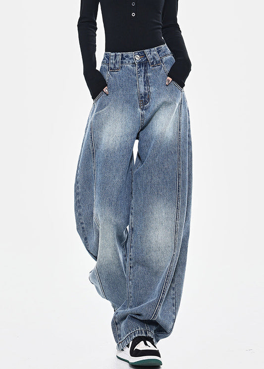 Pants Pockets High Spring Blue Patchwork Waist Denim