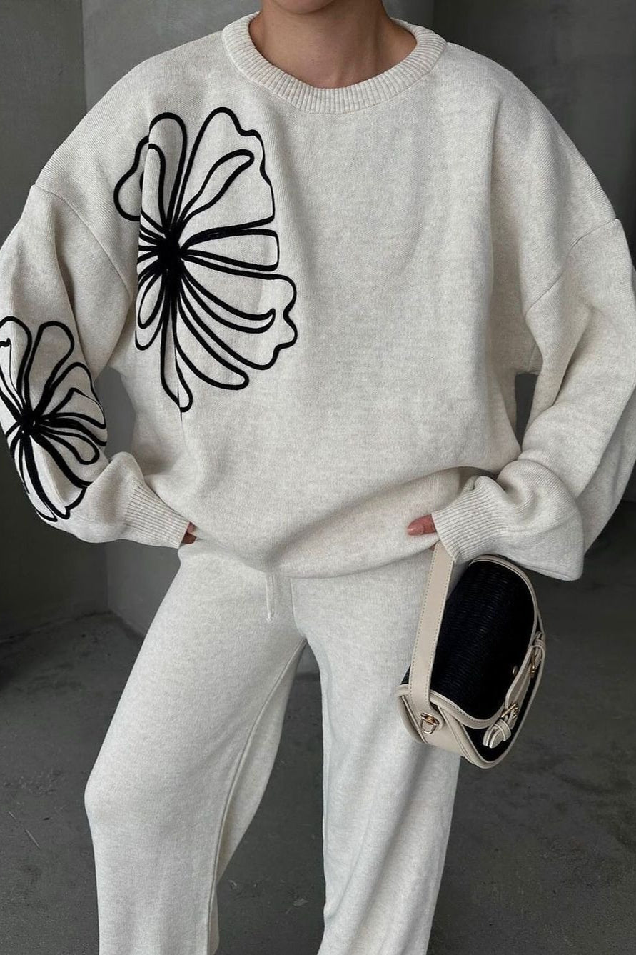 Round Neck Knit Sweater With Pants Two Piece Set