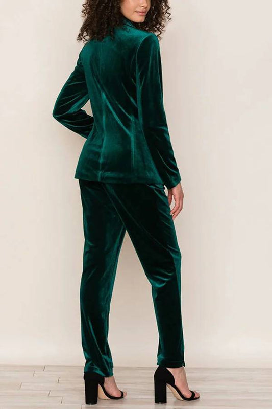 Color Velvet Long-sleeve Blazer and Elastic Waist Pocket Pants Set