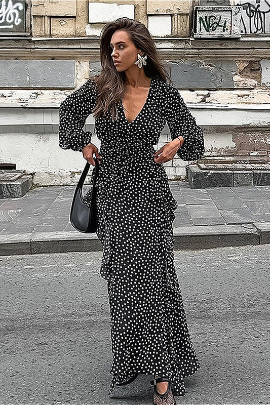 V-neck Polka Dot Puff Sleeve A-line Maxi Dress