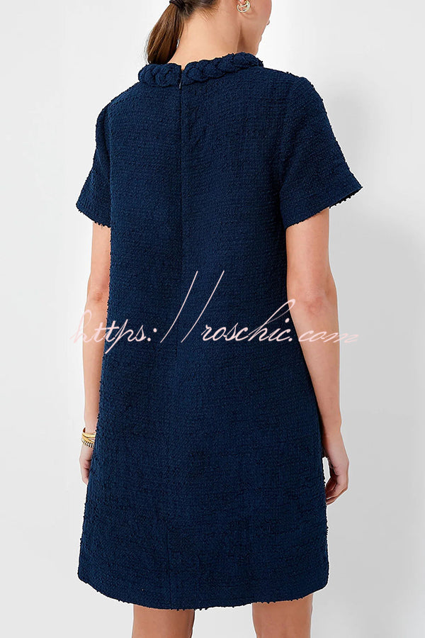 Confident and Tweed Fabric Braided Trim Button Shift Mini Dress