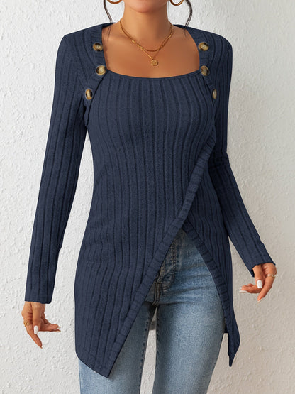 Ribbed Button Decor Asymmetrical Hem T-shirt Rd0210