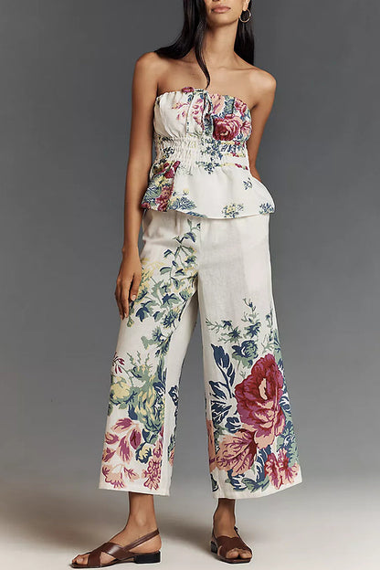 In to the Summer Linen Blend Print Elastic Bandeau and Elastic Waist Pocket Loose Pants Set
