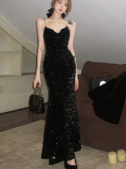 French Retro Sequins Long Dresses for Sleeveless Slim Mermaid Spring New Evening Party Dress Prom Robe Wedding Vestidos