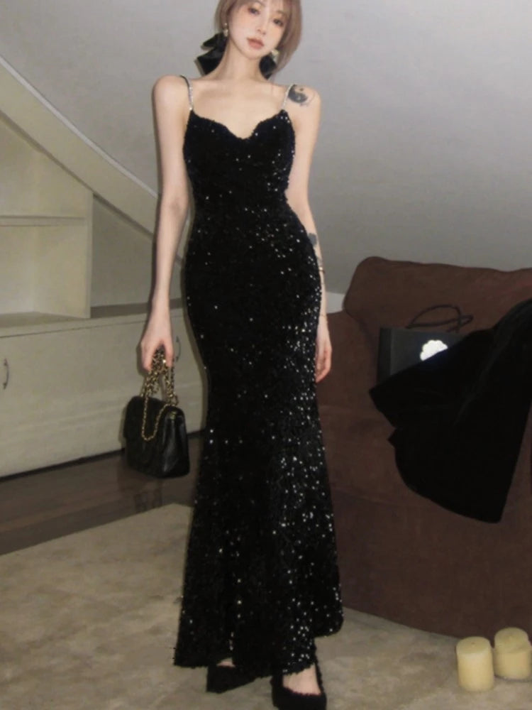 French Retro Sequins Long Dresses for Sleeveless Slim Mermaid Spring New Evening Party Dress Prom Robe Wedding Vestidos