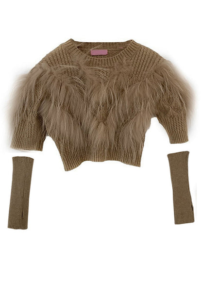 Art Khaki Leather and Fur Patchwork Knit Sweaters Winter Qc014