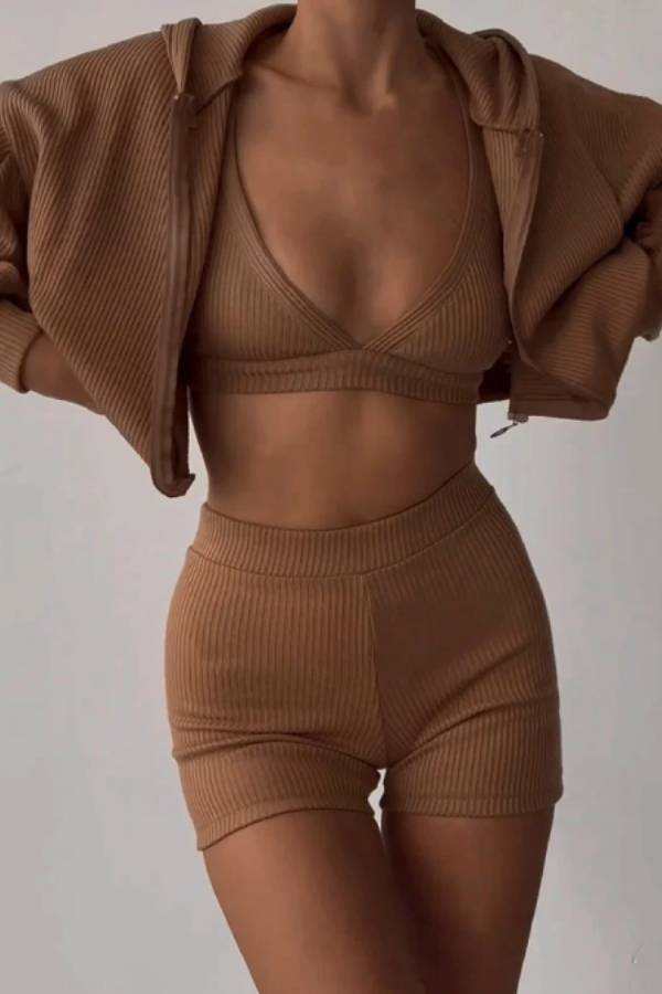 Daily Zip-up Shirt and Shorts Three-piece Set