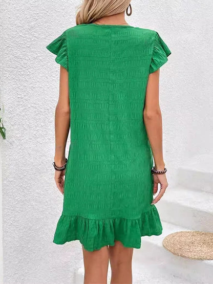 Loose Ruffle Sleeves Pleated Color Split-joint V-neck Mini Dresses
