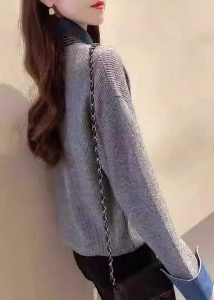 New Khaki False Two Pieces Patchwork Knit Sweaters Top Fall Qc050