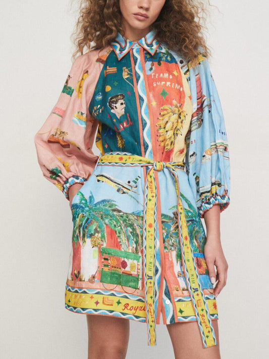 Unique Satin Art Print Tie Pocket Shirt Mini Dress