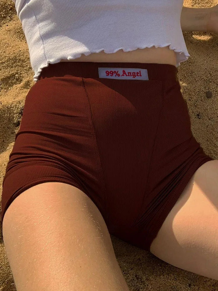Summer White Letter Embroidery Biker Shorts Ribber Knit Black High Waist Shorts