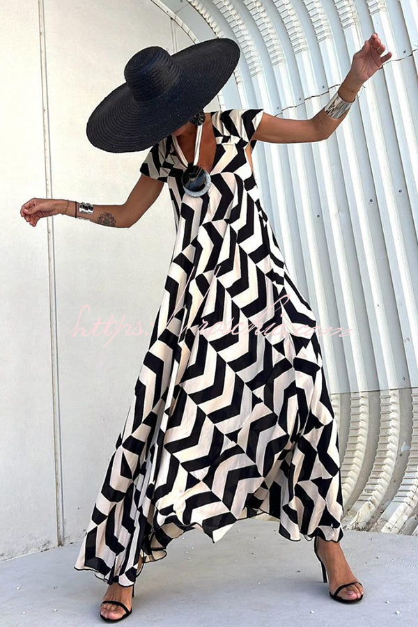 Fresh Breeze Unique Print Ruffle Sleeve A-line Maxi Dress