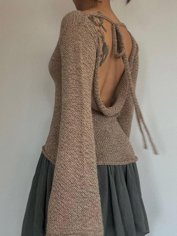 Brown Round-neck Back Cross Hollow Lace-up Long Bell Sleeve Sweater An1039