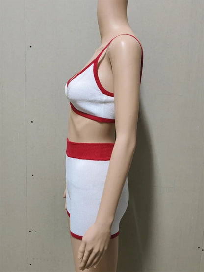 Beach Holiday Bikini for 2 Piece-set Contrast High Waist Shorts Sets Spaghetti Knit Patchwork Bikini Outfits