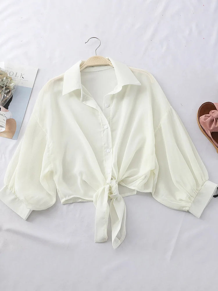 Chiffon Shirts Summer Half Sleeve Buttoned Up Shirt Loose Blouse Tied Waist Blouses for