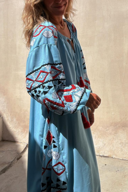 Blue V-neck Tie Style Retro Print Long Skirt