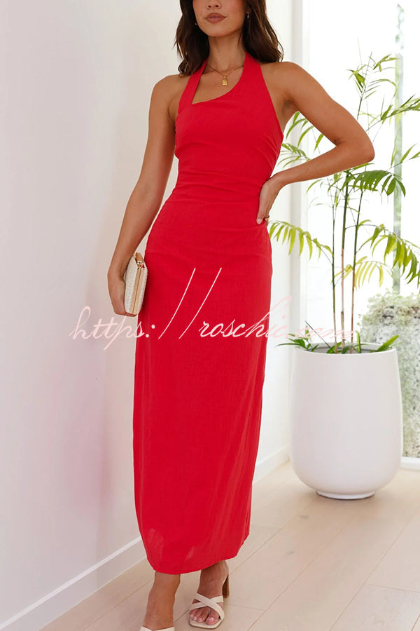 Color Sleeveless Halter Neck Backless Slim Fit Maxi Dress