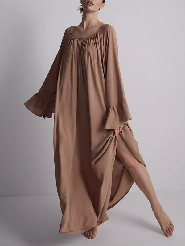 A-line Flared Sleeves Pleated Color Split-joint Round-neck Maxi Dresses