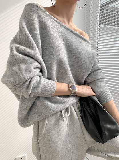 White Off-the-shoulder Long Sleeves Asymmetric Hem Sweater Qx007