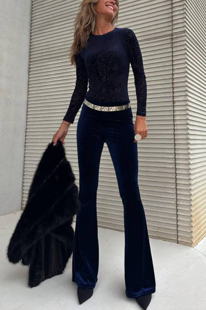 Bond Velvet High Rise Elastic Waist Stretch Flare Pants
