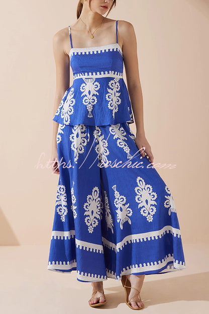Unique Print Suspender Pleated Top and Elastic Waist Loose Wide-leg Pants Set