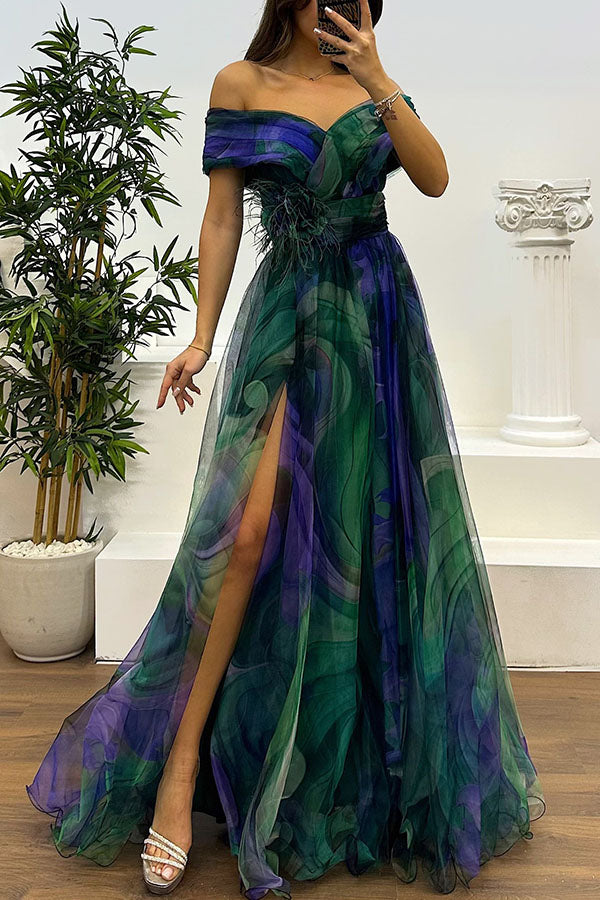 Jinnie Tulle Feather Pendant Pleated Off Shoulder Slit Maxi Dress