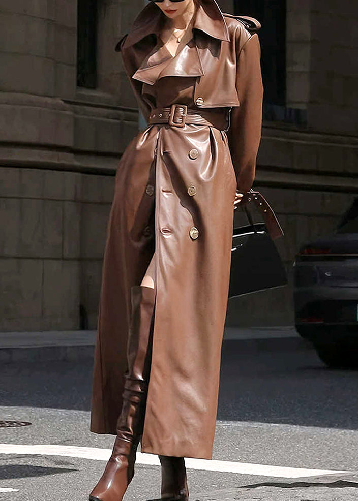 French Coffee Notched Button Faux Leather Long Trench Coat Winter Ry002