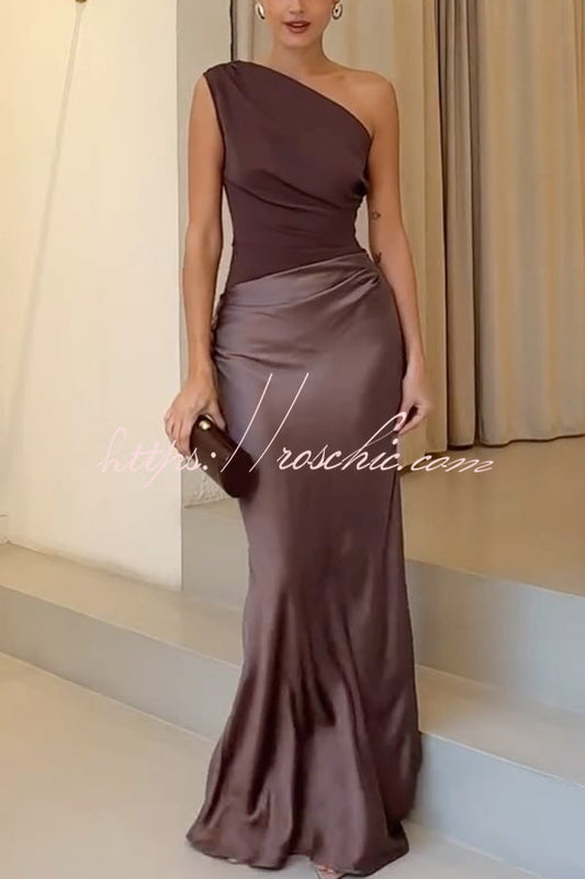 Kaia Satin Contrast Fabric Patchwork One Shoulder Ruched Maxi Dress