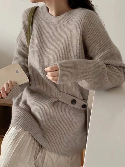 Green Round-neck Bandage Long Sleeve Knit Sweater An1036
