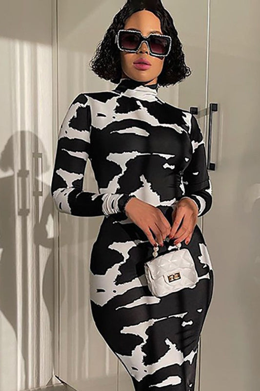 Print High Neck Long Sleeve Bodycon Maxi Dress