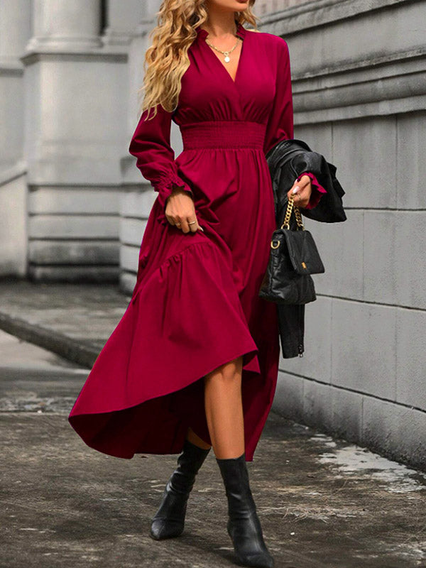 A-line Flared Sleeves Elasticity Pleated Color V-neck Midi Dresses