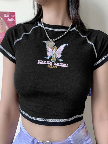 Butterfly Graphic and Letter Printing Stitch Green Crop Tops O-neck Short Sleeve T-shirts Clothes Shirt Bf Clothing Tee