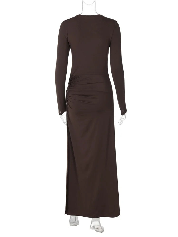 Pleated Skinny Maxi Dress ’s High Split Long Sleeve Patchwork Hollow Out Dress Female Long Dress