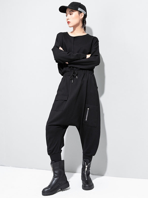 Simple Black Elasticity Waist Pockets Harem Pants Ws012