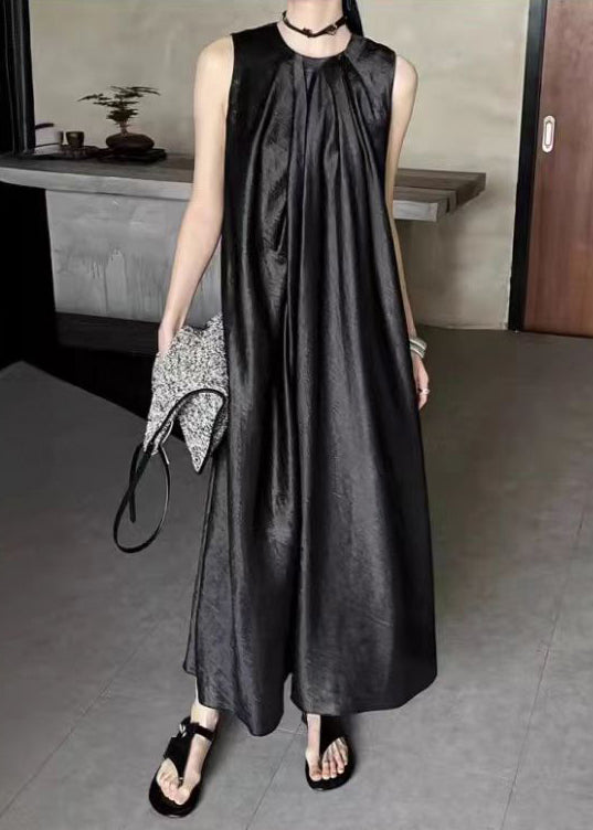 French Apricot O-neck Silk Long Dress Sleeveless Ee036
