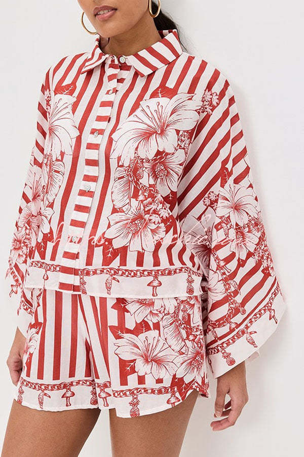 Like Paradise Print Wide Sleeve Shirt and Elastic Waist Pocketed Shorts Set