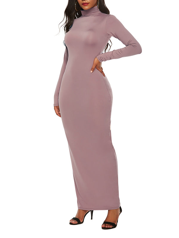 Bodycon Long Sleeves Color High Neck Maxi Dresses