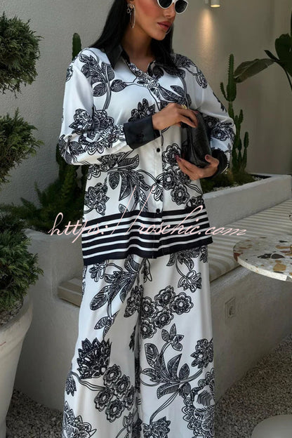Sofia Contrast Color Flowers Print Long Sleeve Shirt and Elastic Waist Pocketed Pants Set
