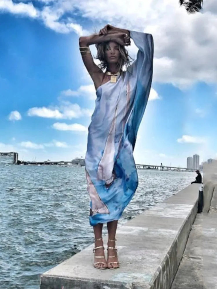 Color Butterfly Print One Shoulder Sleeve Dresses Off Shoulder Loose Beach Vacation Irregular Long Dress