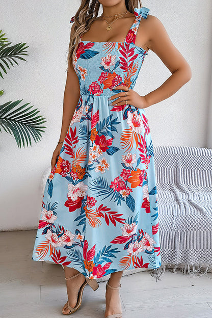 Plant Print Suspenders Pleated Holiday Beach Midi Dress