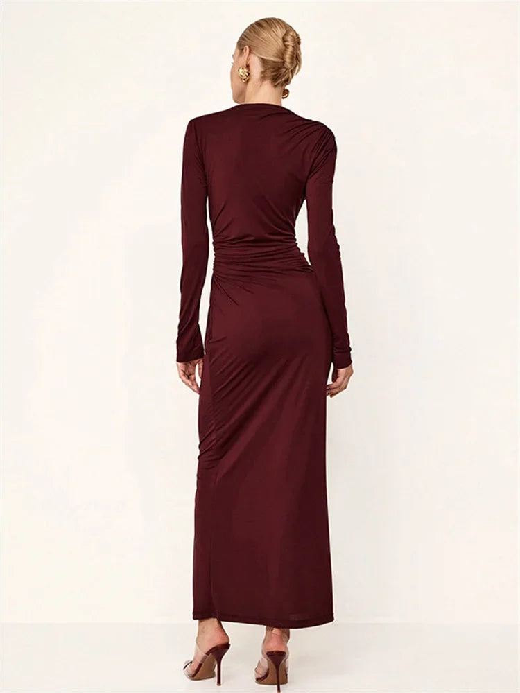 Pleated Slim Maxi Dress for High Waist Long Sleeve Bandage Autumn Dress Patchwork Long Dress