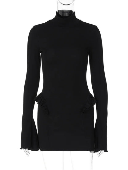 Autumn Ruffled Patchwork Mini Dress ’s Long Sleeve High Waist Dress Skinny Party Dress