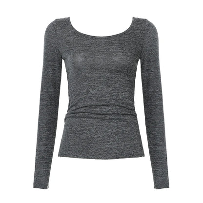 Causal Backless O-neck Blouses Long Sleeve Simple Slim All-match S Clothes